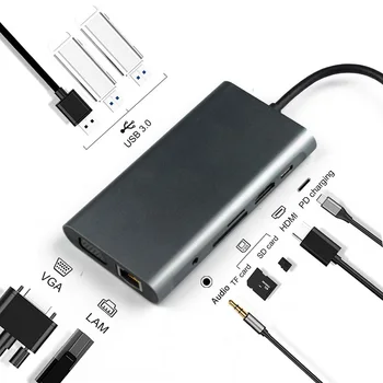 10 1 USb Tipo C HUB Splitter Su 4K HDMI suderinamus VGA, RJ45 PD USB 3.0 3.5 mm Lizdas SD TF Card Reader Dokas 