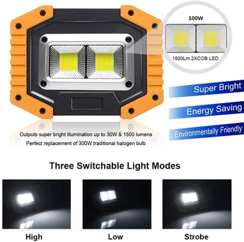 100W Portable LED darbo žibintas Įkraunamas COB darbą šviesos vandeniui LED potvynių šviesos laikiklis, tinkamas naudoti vidaus ir lauko