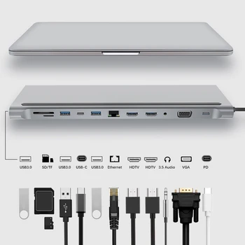 12 1 USB Tipo C Hub Adapteris Nešiojamas Docking Station HDMI, VGA, RJ45 PD HP Lenovo Paviršiaus Suderinama