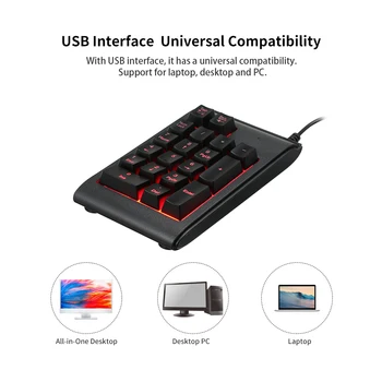 19 Klavišus Skaičių Klaviatūra USB Laidinio Numpad Mini Skaičių Klaviatūrą su LED Apšvietimu Vandeniui ABS Nešiojamojo KOMPIUTERIO
