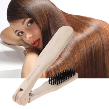 1pcs Profesionalus Medinių ištiesinimo priemonės, Plaukų Šukos Anti-Static Šukuosenų Stilius Įrankiai V Tipo Plaukų tiesinimo priemonė Plaukų Šukos