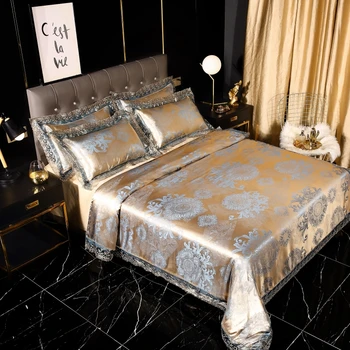 2020 aukso Žakardo patalynės komplektas Nėrinių antklode padengti +plokščias lapas +užvalkalas 4pcs patalynė Europos prabangos šukutės lova padengti rinkinys 33385
