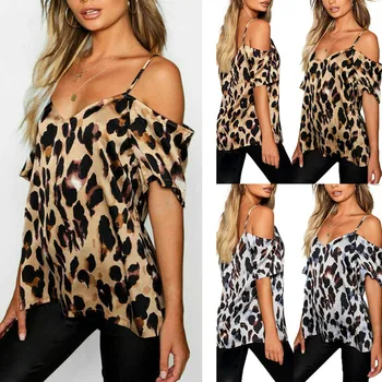 2020 Mados Moterų Plius Dydis Vasaros marškinėlius Leopardas Spausdinti Šalto Pečių Topai marškinėliai Moterims Drabužių(S-5XL)