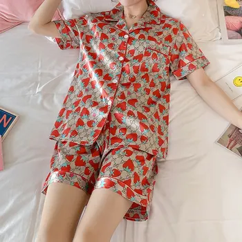 2020 metų Vasaros Moterims Trumpas Rankovėmis V-kaklo Pižama Rinkinys Sexy Šilko Satino Pižamos Mergina Pijama Moteris Sleepwear Viršuje Homewear Nustatyti Rudenį
