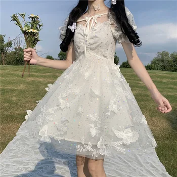 2020 Naujas Kawaii Minkštas Mergina Dress Mori Merginos Hepburn Sluoksniuotos Rankovėmis Midi Suknelė Moterims Mielas Gyva Saldus Nėriniai Siuvinėjimo A-Line Dresses