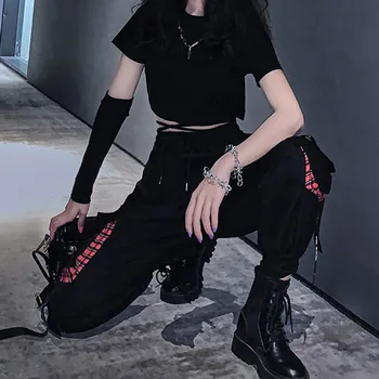 2020 Naujas Laisvas Kelnes Gotikos Atsitiktinis Moterų tiesiai korėjos, Japonijos Punk Laukinių susiuvimo Aukšto Juosmens moterų Streetwear Kelnės Kpop