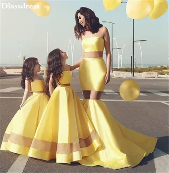 2020 Naujas Ywllow Gėlių Mergaitės Suknelė Satin A-line Grindų Ilgis Rankovių Stebėjimo Dviejų dalių Motina Dukra Dresses Prom Dress 1626