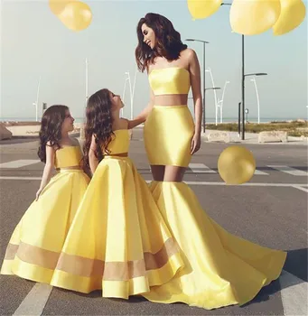 2020 Naujas Ywllow Gėlių Mergaitės Suknelė Satin A-line Grindų Ilgis Rankovių Stebėjimo Dviejų dalių Motina Dukra Dresses Prom Dress