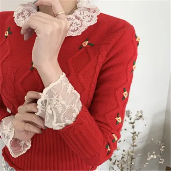 2020 Naujus Women ' S Megztinis Korėjos Stiliaus, Siuvinėtų Balta Kratinys Nėrinių Trumpa Stora Dugno Megzti Atsitiktinis Puloveriai Viršų