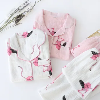 2020 Naują Pavasario Ponios Pižama Nustatyti Animacinių Filmų Flamingo Medvilnės Krepo Šviežias Stiliaus Pižamos Moterims Sleepwear Nustatyti Moterų Atsitiktinis Homewear