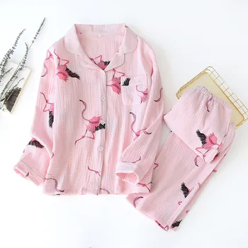 2020 Naują Pavasario Ponios Pižama Nustatyti Animacinių Filmų Flamingo Medvilnės Krepo Šviežias Stiliaus Pižamos Moterims Sleepwear Nustatyti Moterų Atsitiktinis Homewear