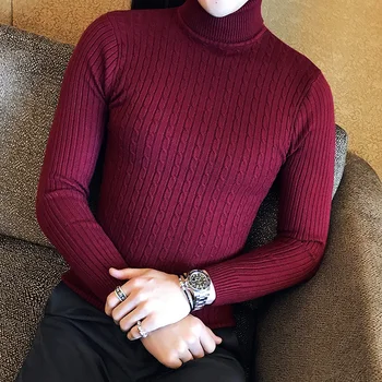 2021 Korėjos Slim Vientisos Spalvos Golfo Sweater Mens Žiemos Ilgos Rankovės, Šiltas Megzti Džemperis Klasikinis Kietas Atsitiktinis Dugno Marškinėliai