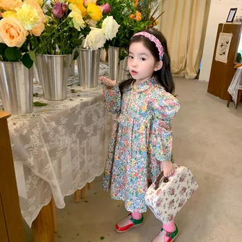 2021 M. Pavasario/Rudens Nauja Mergina Suknelė 2021 Mažai Vaikų Ilgio Sluoksniuotos Rankovėmis Cottron Fėja Gėlių Raukiniai Princesė Suknelės