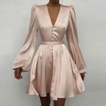 2021 M. Pavasarį Naujas Elegantiškas V-Kaklo Mygtuką Dizainas Šalis Suknelė Moterų Mados Satino Kieto A-Line Dresses Ponios Atsitiktinis Ilgomis Rankovėmis Dres 4436