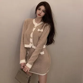 2021 M. Pavasarį, Rudenį Korėjos Prašmatnus Slim Vieną Krūtinėmis Megzti Megztinis Mini Aukšto Liemens Sijonai Mados Chaki Rinkinių Derlius Elegantiškas