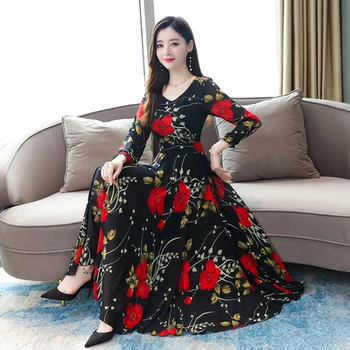 2021 m. Rudens Pradžioje Atspausdintas Šifono Suknelė Ilgai Gėlių Moterų Suknelės, Mėlyna Raudona Vintage Drabužius Femme Vestidos Midi Elegantes Plus Size 1397