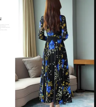 2021 m. Rudens Pradžioje Atspausdintas Šifono Suknelė Ilgai Gėlių Moterų Suknelės, Mėlyna Raudona Vintage Drabužius Femme Vestidos Midi Elegantes Plus Size