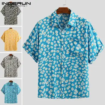 2021 Medvilnės Vyrų Havajų Marškinėliai trumpomis Rankovėmis Streetwear Atostogų Gėlių Spausdinti Atvartas Paplūdimio Palaidinė Vasaros Atsitiktinis Camisa INCERUN 3XL