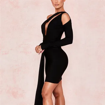 2021 Naujas Mados Moterų Tvarstis Suknelė Ilgomis Rankovėmis Juoda Vasaros Vakarą Įžymybių Šalies Elegantiškos Juodosios Suknelės Bodycon Vestidos