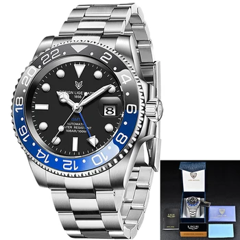 2021 Naujas Sporto Mechaninis Laikrodis Nerūdijančio Plieno 100ATM Vandeniui Nardymo GMT Žiūrėti LIGE Top Brand Vyrų Laikrodžiai Reloj Hombre 10247