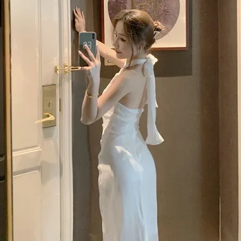 2021 naują atvykimo Maxi Satin White Raukiniai Apynasrio Seksualus Berankovis Suknelė Moterims Ilgas Elegantiškas Paplūdimio Vestidos