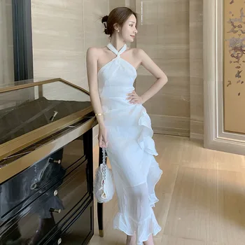 2021 naują atvykimo Maxi Satin White Raukiniai Apynasrio Seksualus Berankovis Suknelė Moterims Ilgas Elegantiškas Paplūdimio Vestidos