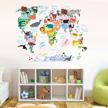 3D Spalvinga gyvūnų Pasaulio Žemėlapyje Sienų Lipduko Vaikų Kambario Darželio Apdailos Vinilo Plakatas Sienos Lipdukai Menas, Sienų Lipdukai