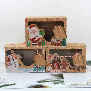 3Pcs Kalėdų Dovanų Dėžutėje Kraft Popieriaus, Saldainių, Sausainių Dėžutės su Aiškiai Langą Dovanų Etiketės Crad 