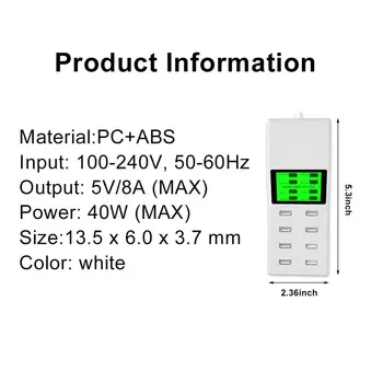 40W 8A USB Įkroviklis 8-port USB Hub Įkrovimo Stočių su skystųjų KRISTALŲ Ekranas