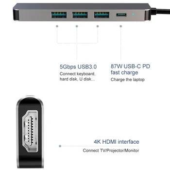 5 In 1, USB, C HUB USB 3.0 HUB C Tipo USB 3.1 Splitter PD USB-C Dokas Parama SD/TF Kortelė OTG Adapteris, Skirtas 
