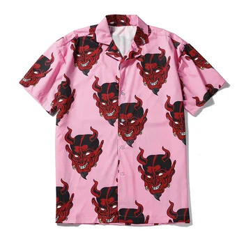 #7201 Hip-Hop Marškinėliai Vyrams trumpomis Rankovėmis Streetwear Velnias Atspausdinta Marškinėliai Vasaros Harajuku Prarasti Havajų Paplūdimyje korėjos Purpurinis Rožinis 4XL