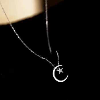 925 Sterling Silver Moon Star Chokers Karoliai Moterų Putojantis Bling Kristalų Skanėstas Pakabukas Karoliai, Papuošalai, Aksesuarai,