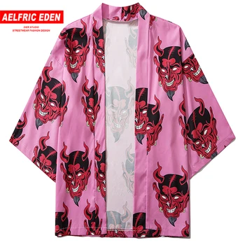 Aelfric Eden Velnias Spausdinti Hip-Hop Harajuku Marškinėliai Mens Japonų Stiliaus Streetwear Striukė Vasarą Laisvi Kimono 2020 Metų Vyras Rožinė Viršūnės