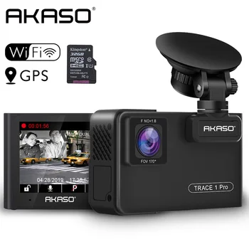 AKASO Full HD 1080P Dual Lens Car Brūkšnys Kamera 2K Wifi Brūkšnys Cam su Telefono App GPS Dual Video Recorder Car DVR Įtraukti 32GB Kortelė