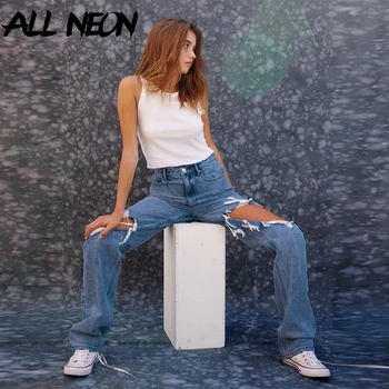 ALLNeon Y2K Mados Aukštos Juosmens Ripped Jeans E-girl Stilius Rudenį Nelaimę Skylę Džinsinio Tiesios Kelnės 90-ųjų Derliaus Atsitiktinis Kelnės
