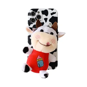 Animacinių filmų karvė pliušinis mobilųjį telefoną atveju iphone12pro 11 pro max x xs xr mielas 7 8plus apsauginis dangtelis