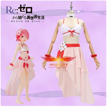 Anime Re:Gyvenimas kitame pasaulyje nuo nulio Ram Cosplay Kostiumų Suaugusių Moterų, Komplektai, Bikini, maudymosi kostiumėlį Pink Paplūdimys Dress Helovinas