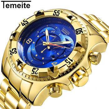 Aukso Žiūrėti Vyrų TEMEITE Nerūdijančio Plieno Laikrodžiai Vyrams Prabangos Prekės ženklo Auto Dienos Šviesos Rankas Kvarco Žiūrėti vyriški Laikrodis
