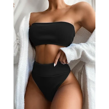 Aukštos Juosmens Bikini 2020 Seksualus Bandeau maudymosi Kostiumėliai Moterims, maudymosi kostiumėlis Juodas Bikini Komplektas Paplūdimio Plaukimo Maudymosi Kostiumą, Moteris Keltą