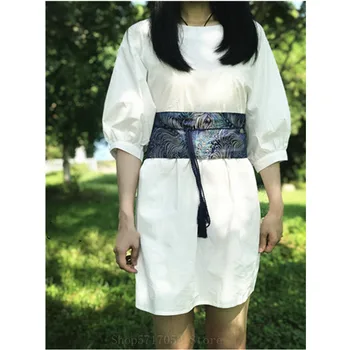 Azijos Japonų Kimono Mados Kutas Obi Suknelė Moterims Krano Diržo Tradicinių Etninių Juoda V-Kaklo Suknelė Obi Yukata Streetwear
