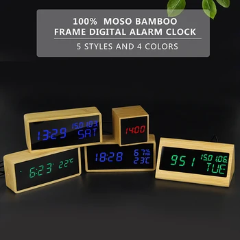Bambuko Skaitmeninis Laikrodis-Žadintuvas Mediniai LED Stalo Laikrodis Elektroninis Despertador Stalas Ryškumas Balso Atidėti Temperatūros Kontrolės