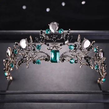 Baroko Bronzos Green Crystal Vestuvių Nuotakos Tiara Hairband Princesė Inscenizacija Black Crown Derliaus Nuotaka Vinjetė Plaukų Aksesuarai