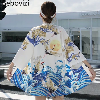 Bebovizi Vasaros Krano Spausdinti Kimono su Diržu Haori Moterų Megztinis Surblouse Japonų Tradicinės Paplūdimio Harajuku Seksualus Yukata