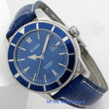 Bliger 46mm blue dial mechaninė automatinė mens watch safyro stiklas Šviesos Vandeniui Odos Dirželis Laikrodis Vyrams