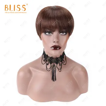 BLISS Pixie Cut Color Žmogaus Plaukų Perukai Trumpas Tiesiai Bob Peruque Brésilienne Natūralių Plaukų, Su Kirpčiukais 120%Tankis Pigūs Perukai