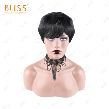 BLISS Pixie Cut Color Žmogaus Plaukų Perukai Trumpas Tiesiai Bob Peruque Brésilienne Natūralių Plaukų, Su Kirpčiukais 120%Tankis Pigūs Perukai