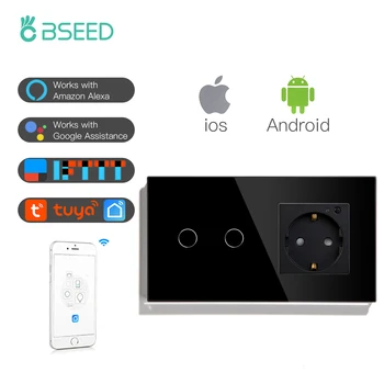 BSEED ES Standarto kištukinis Lizdas Smart Wifi Touch Jungiklis Juoda Balta, Aukso Krištolo Skydą Jungiklis 1 Gauja Gauja 2 3 Gauja Dirbti Su Tuya