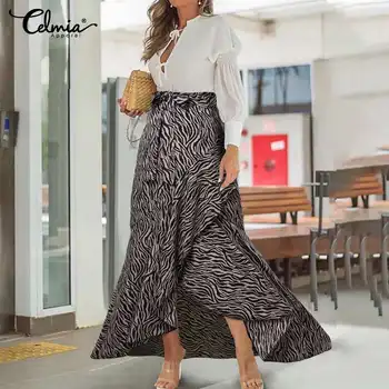 Celmia Moterų Sijonas Mados Aukštos Juosmens Maxi Sijonai Zebra Juostele Spausdinti Moterų Vintage Sijonas Elegantiškas Šalis Plus Size Raukiniai Sijonas