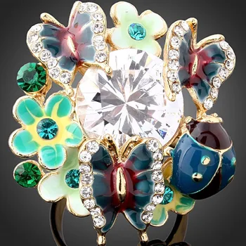 CHRAN Aukso Spalvos Biedronka Dizaino Cirkonis Juvelyriniai dirbiniai, Žiedai, Didmeninė Kristalų Emalio Drugelis Modelio Gėlių Žiedai Moterims