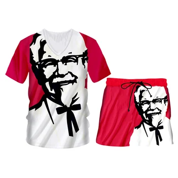 CJLM KFC Senelis Katės 3d marškinėliai Ir Šortai Vyrų Rinkiniai Street Vasaros Atsitiktinis Unisex Sporto trumpomis Rankovėmis 2 vnt